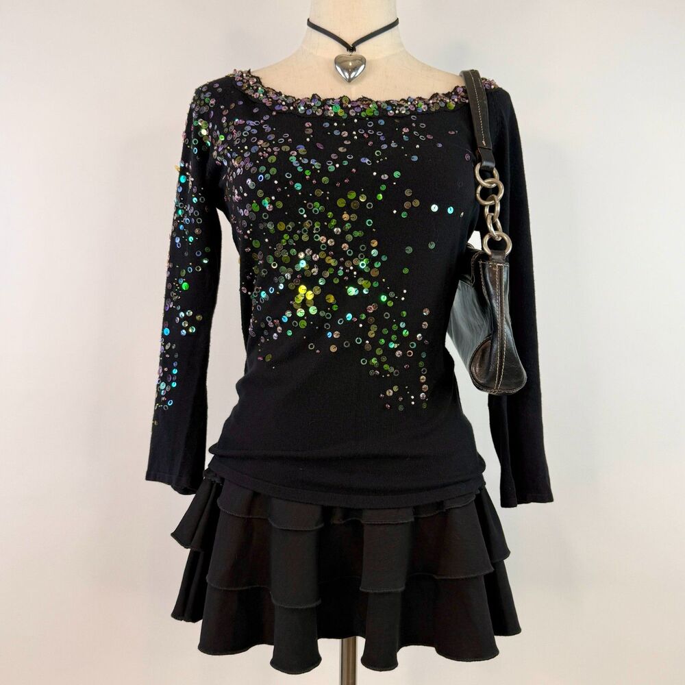 Y2K Off-Shoulder Fairy Whimsy Multi-Color Sequins Black Knit Top 3/4 Sleeves L